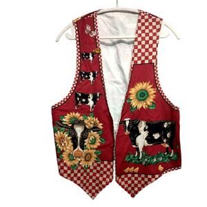 Gingham Handmade vintage red vest teacher core cows sunflowers retro, country,
